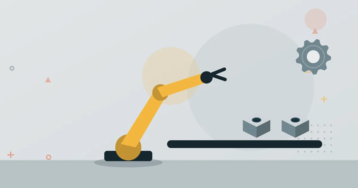 Illustration: Industrieroboterarm über einem Förderband mit Werkstücken – Branche Automatisierungstechnik