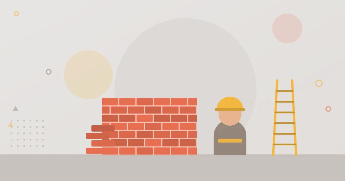 Illustration: Mauer aus Ziegeln, Bauarbeiter mit Helm, Leiter und Ziegelstapel – Branche Bau und Handwerk