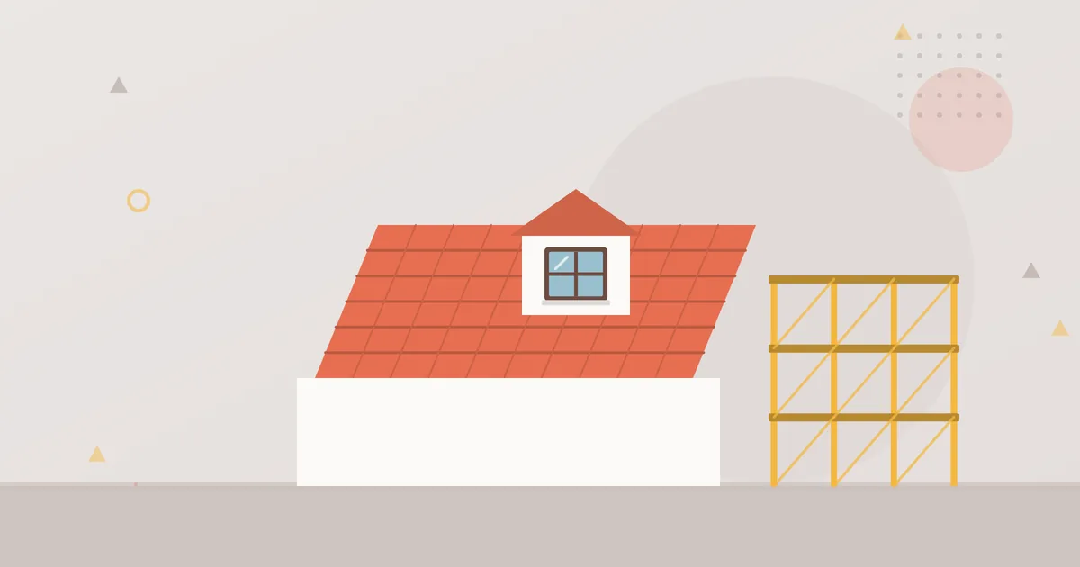 Illustration: tiled roof with a dormer above a facade and scaffolding – roofing and facades industry