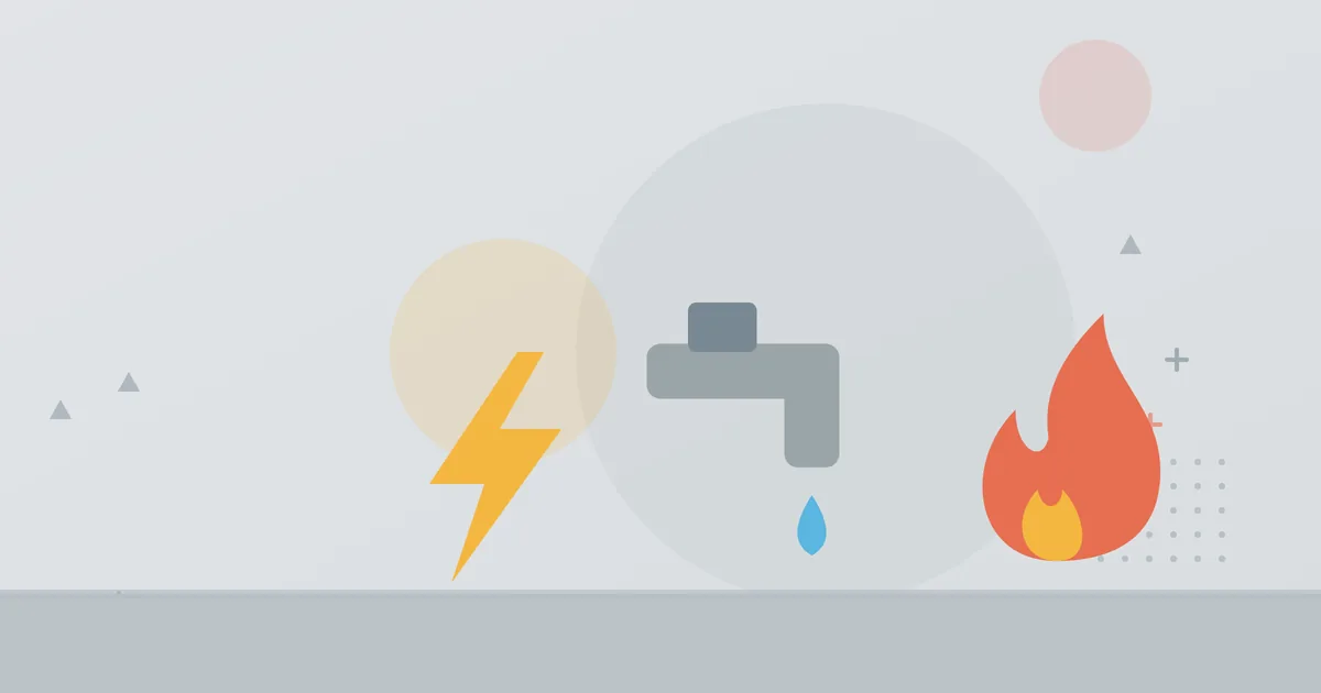 Illustration: lightning bolt, tap with a drop and a flame – electrical, plumbing and heating industry