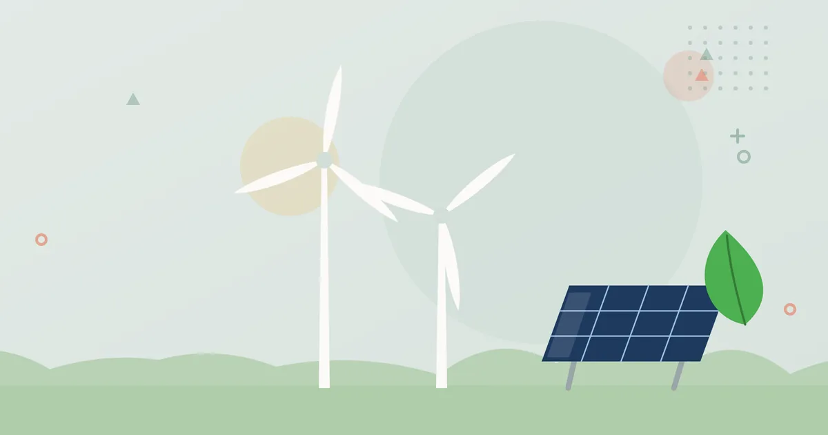 Illustration: wind turbines, solar panel and a leaf in a landscape – energy and environment industry