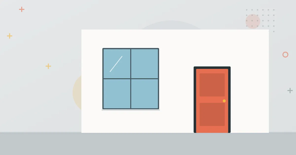 Illustration: large window with glazing bars and a front door in a house wall – windows and doors industry