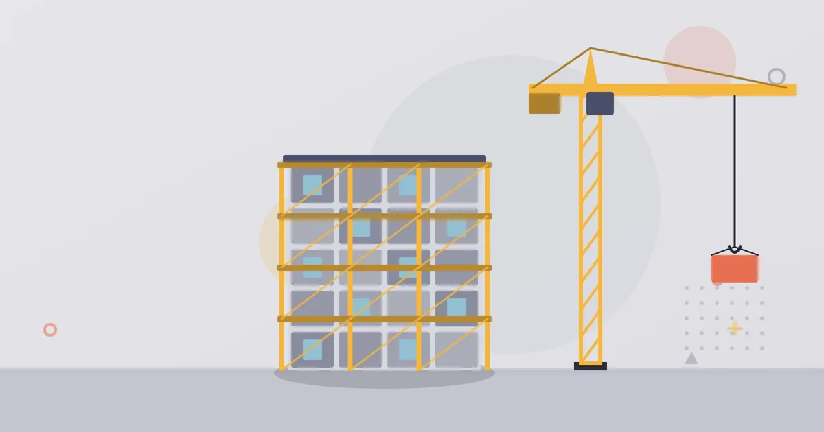 Illustration: mehrgeschossiger Rohbau mit Gerüst und Turmdrehkran – Branche Hochbau