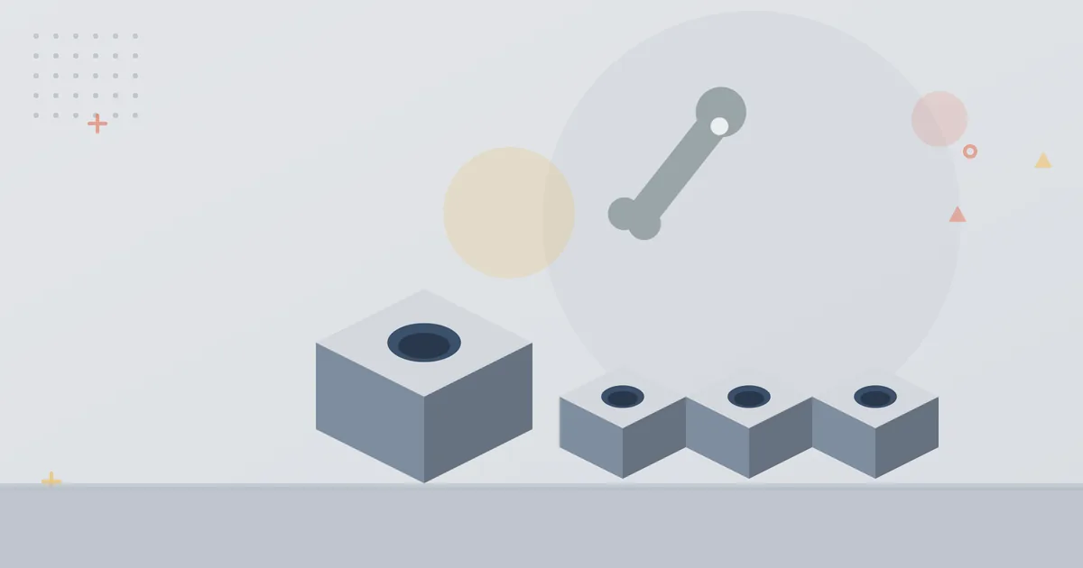 Illustration: one large sample part and a row of identical small-series parts with a spanner – prototyping and small-series manufacturing industry