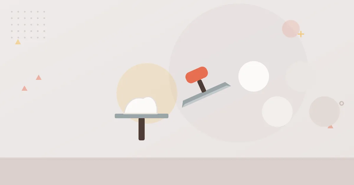 Illustration: plasterer's hawk with plaster, finishing trowel and round plaster samples in different shades – plastering and rendering industry