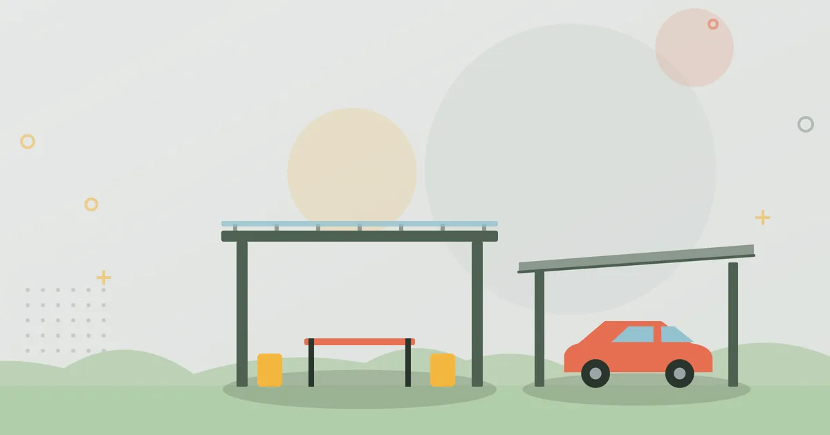 Illustration: Terrassenüberdachung mit Gartenmöbeln und Carport mit Auto – Branche Terrassendächer und Carports