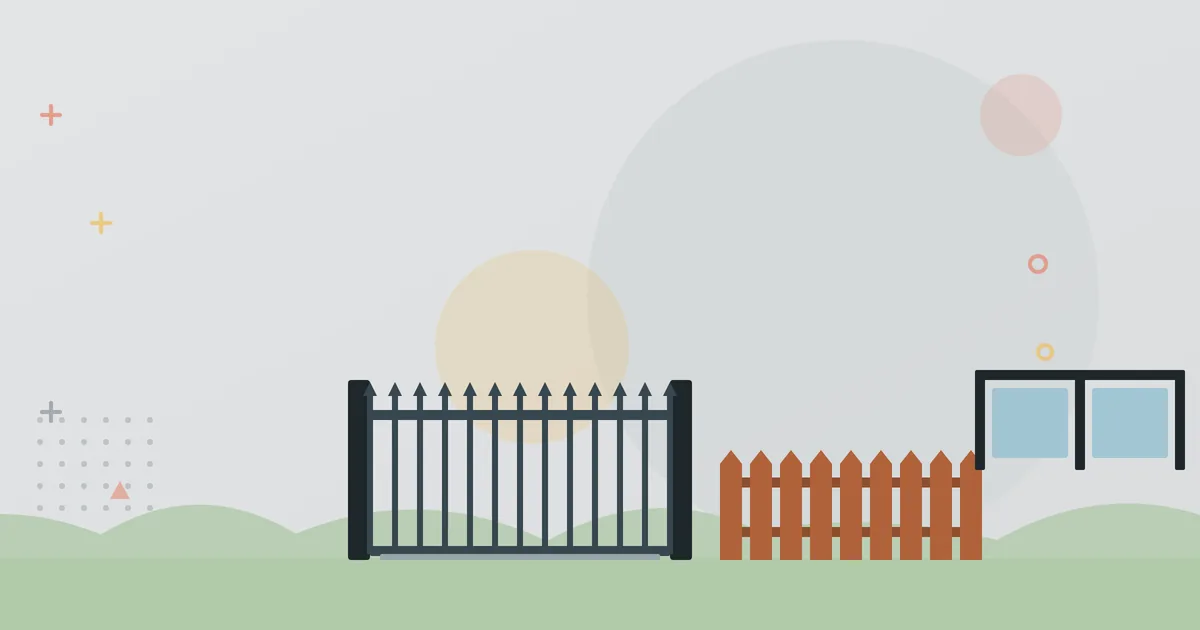 Illustration: sliding gate, wooden fence and glass railing – gates, fences and railings industry