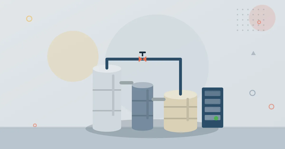 Illustration: process plant with vessels, pipework, valve and control cabinet – process and plant engineering industry