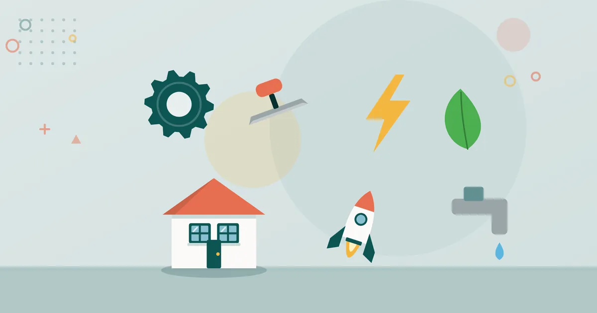 Illustration: symbols of different industries – gear, trowel, lightning bolt, leaf, house, rocket and tap