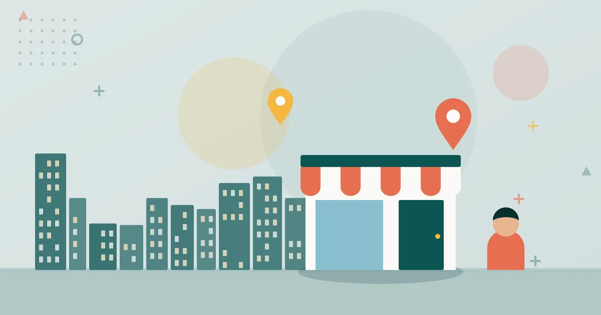 Illustration: stylised town with a shopfront, company buildings and location pins – Firmenjob, directory of German companies