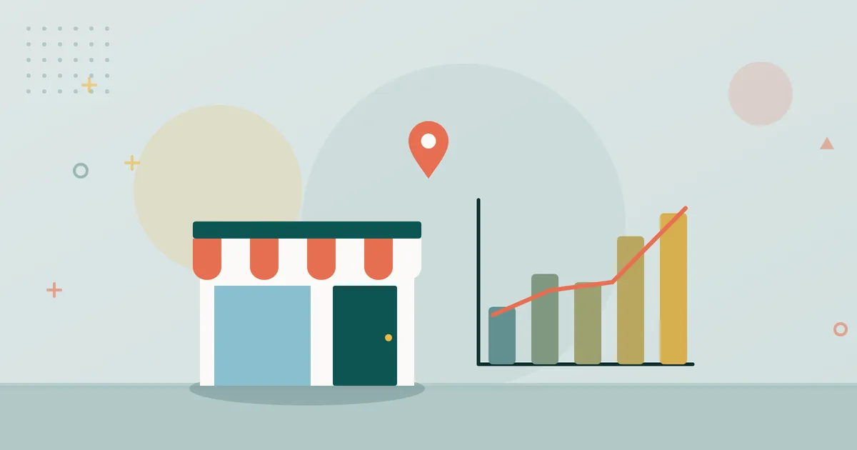Illustration: business building with a pin and rising bar chart – more visibility with a company profile
