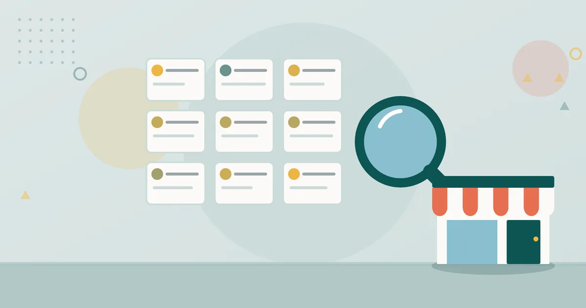 Illustration: grid of company profile cards with a magnifying glass and a small business building – finding companies in the directory