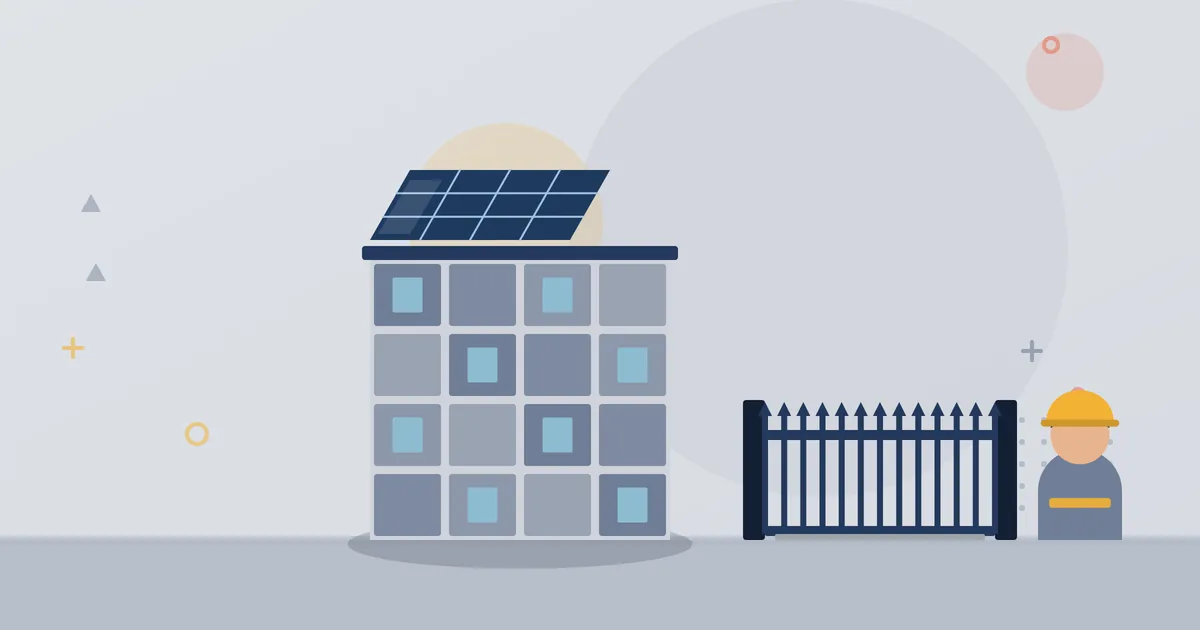Illustration: building facade with solar panels on the roof, gate and fitter – IC Baumontage Service GmbH, installation and photovoltaics in Dortmund