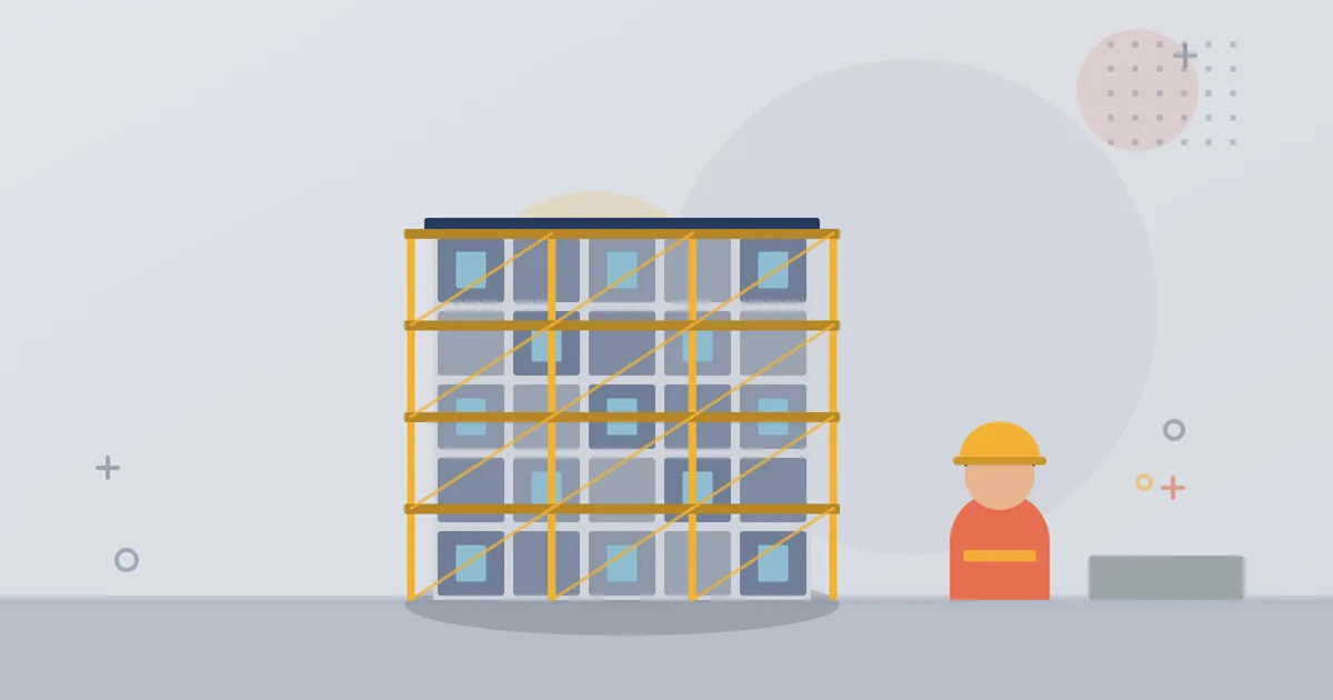 Illustration: Fassade aus Paneelen mit Gerüst, Monteur und abgenommenen Fassadenelementen – Fassaden: Montage, Modernisierung und Demontage, IC MONTAGE