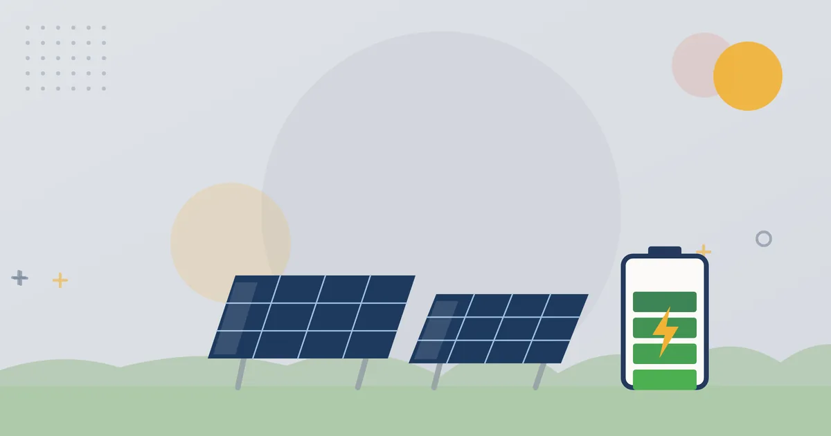 Illustration: Solarmodule unter der Sonne und ein geladener Stromspeicher – Photovoltaik und Stromspeicher, IC SOLAR