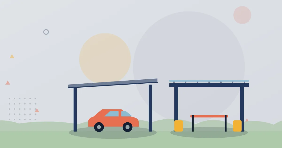 Illustration: Carport mit geparktem Auto und Terrassenüberdachung aus Glas – Terrassenüberdachungen und Carports, IC MONTAGE