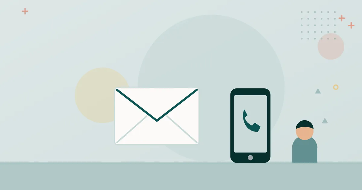 Illustration: envelope, smartphone with handset icon and contact person – contacting the Firmenjob editorial team