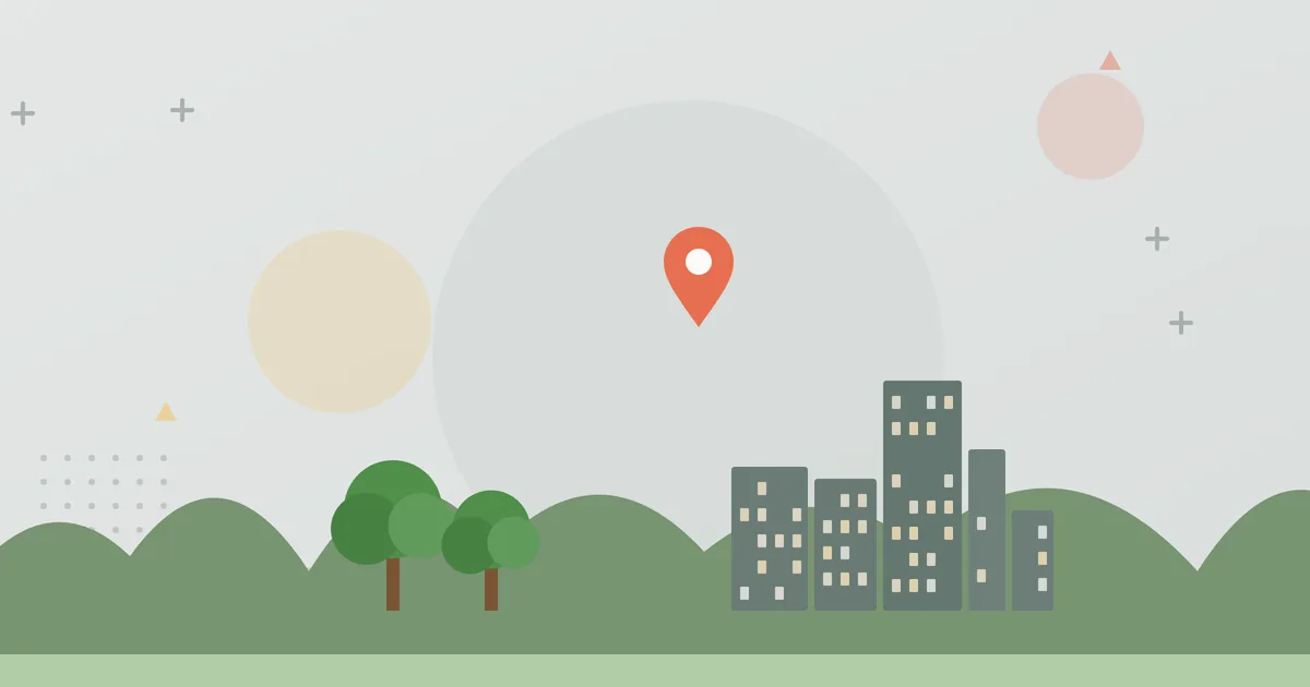 Illustration: wooded hills, trees and a city skyline with a location pin – companies in Hesse