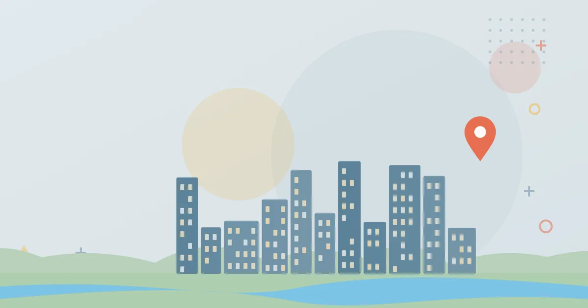 Illustration: Stadtsilhouette an einem Fluss mit Standortmarkierung – Unternehmen in Nordrhein-Westfalen