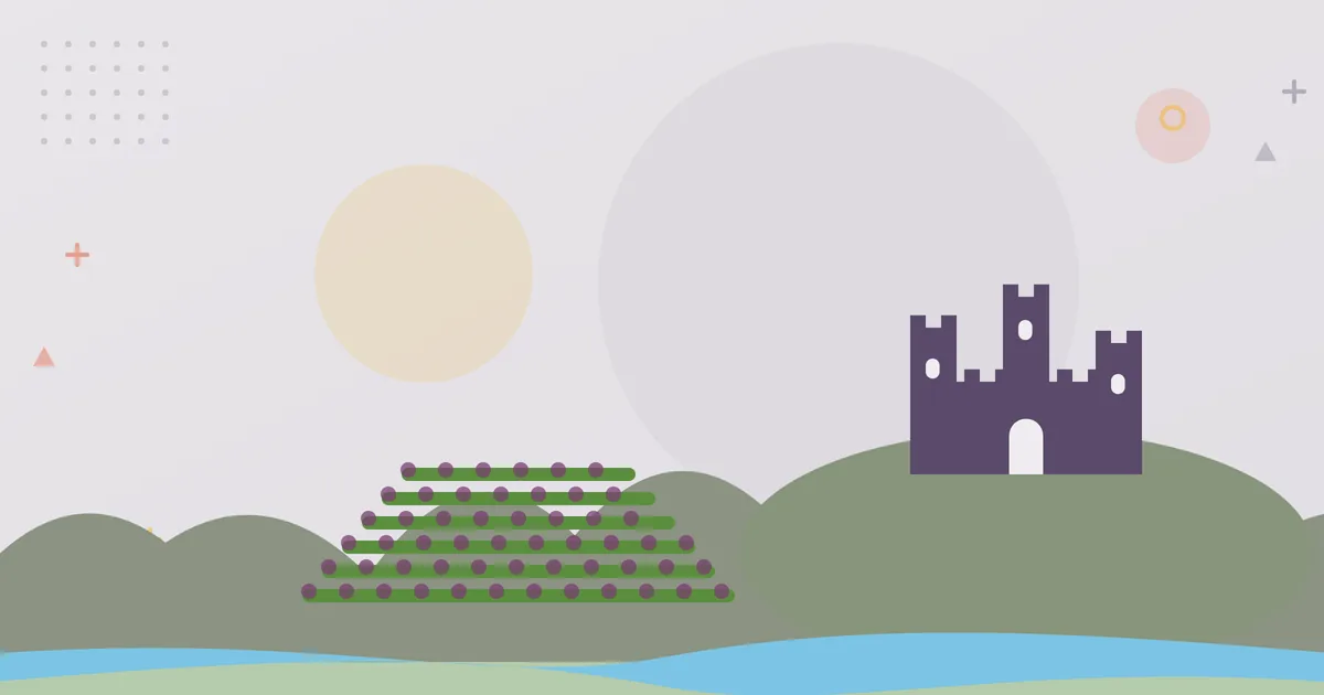 Illustration: Weinberg, Burg auf einem Hügel und Fluss im Tal – Unternehmen in Rheinland-Pfalz
