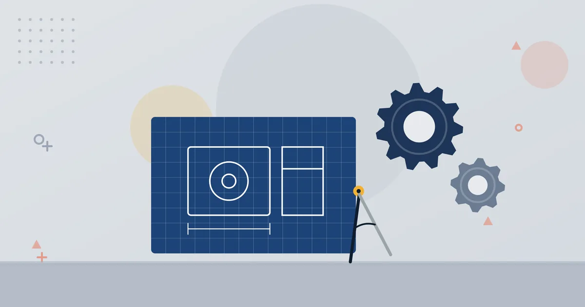 Illustration: design plan with a drafting compass and two gears – engineering and automation, WEPA-Technologies
