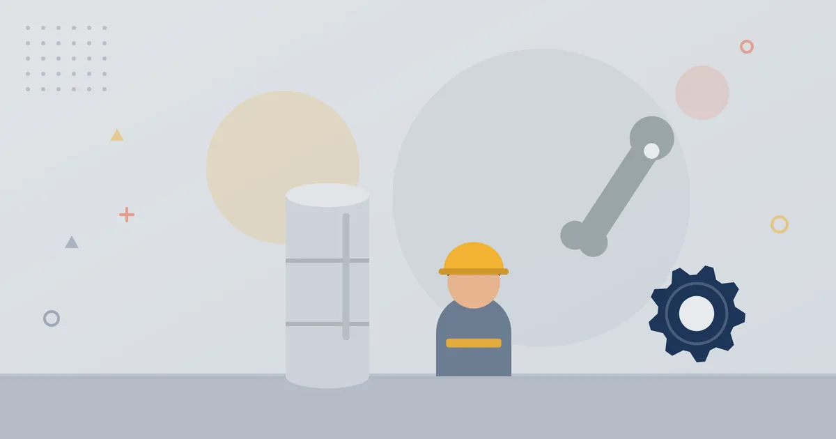 Illustration: Techniker mit Helm an einem Anlagenbehälter, Schraubenschlüssel und Zahnrad – Wartung und technischer Support, WEPA-Technologies