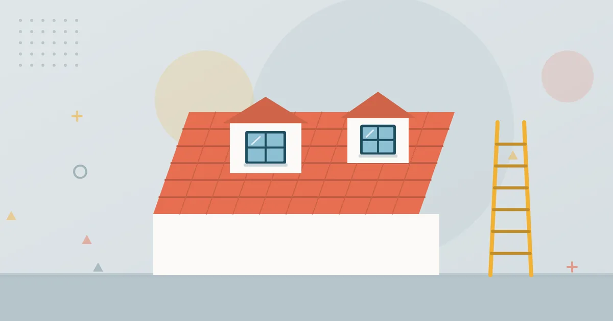 Illustration: Ziegeldach mit zwei Dachgauben und angelehnter Leiter – Dachsanierung, Dachausbau und Gauben, ZMD Innenausbau