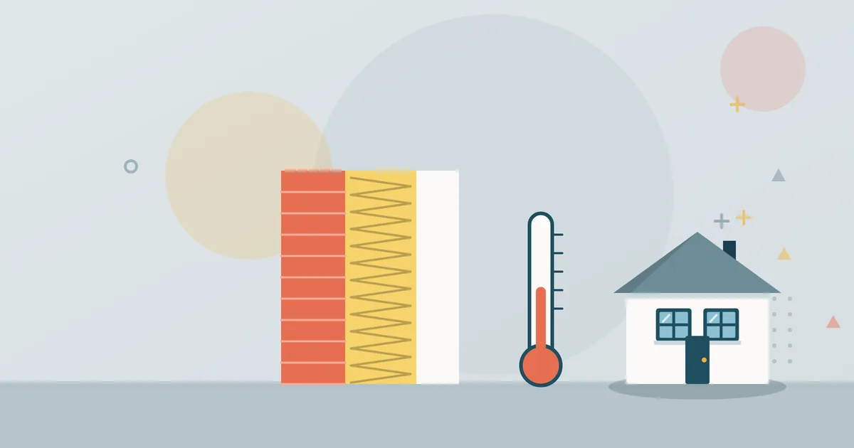Illustration: wall cross-section with masonry, insulation layer and render, thermometer and house – energy-efficiency renovation and insulation, ZMD Innenausbau