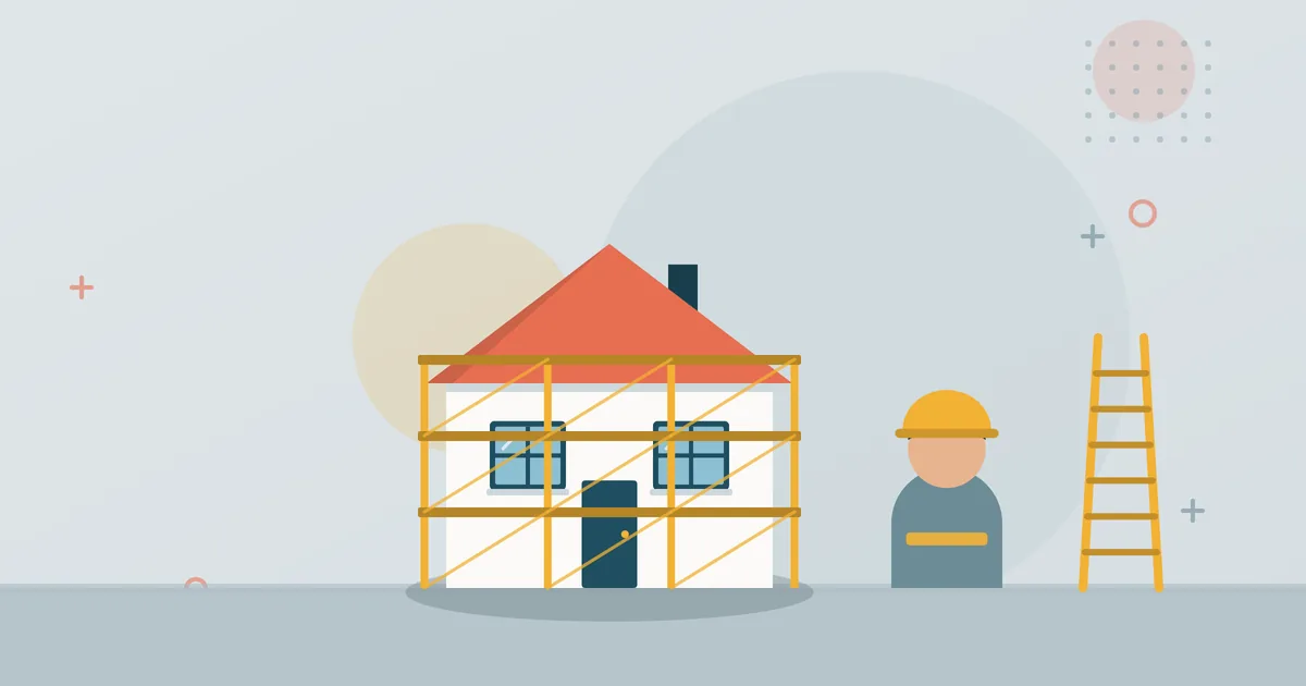 Illustration: Wohnhaus mit Gerüst, Bauarbeiter und Leiter – ZMD Innenausbau GmbH, Innenausbau und Sanierung in Monheim am Rhein