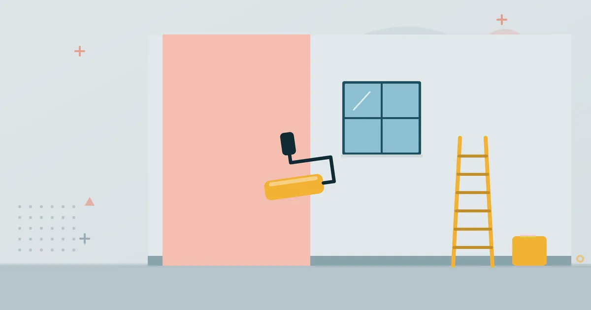 Illustration: room under renovation with a partly stripped wall, window, paint roller, ladder and paint bucket – interior fit-out and full renovation, ZMD Innenausbau