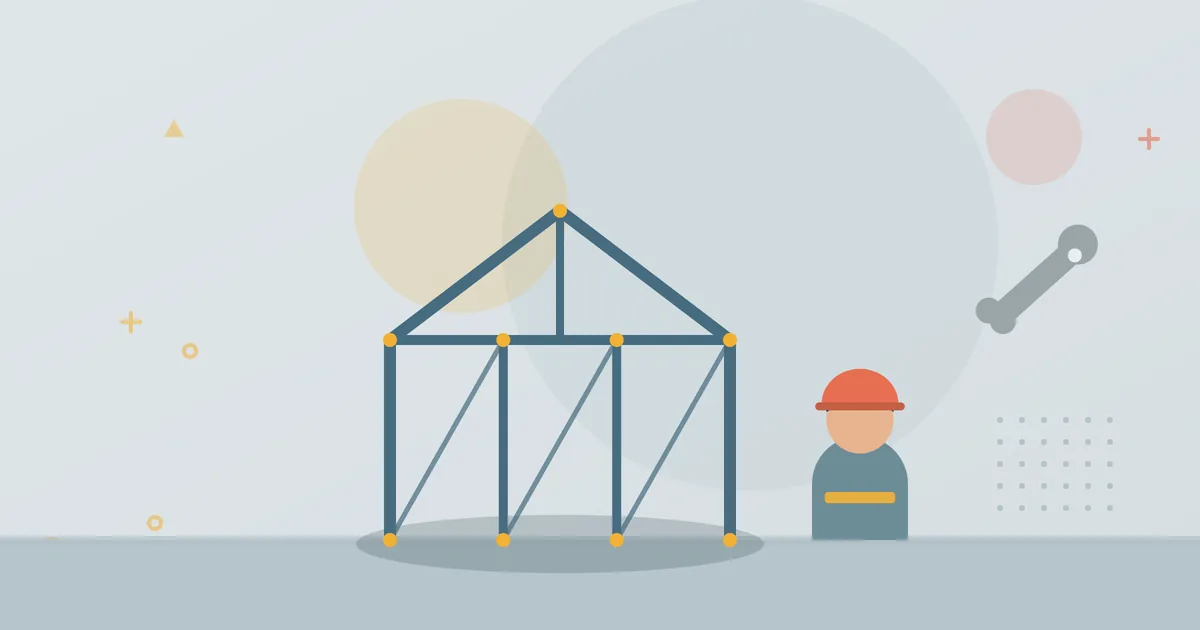 Illustration: house frame made of steel beams with connection points and a fitter – steel-frame houses and steel construction, ZMD Innenausbau