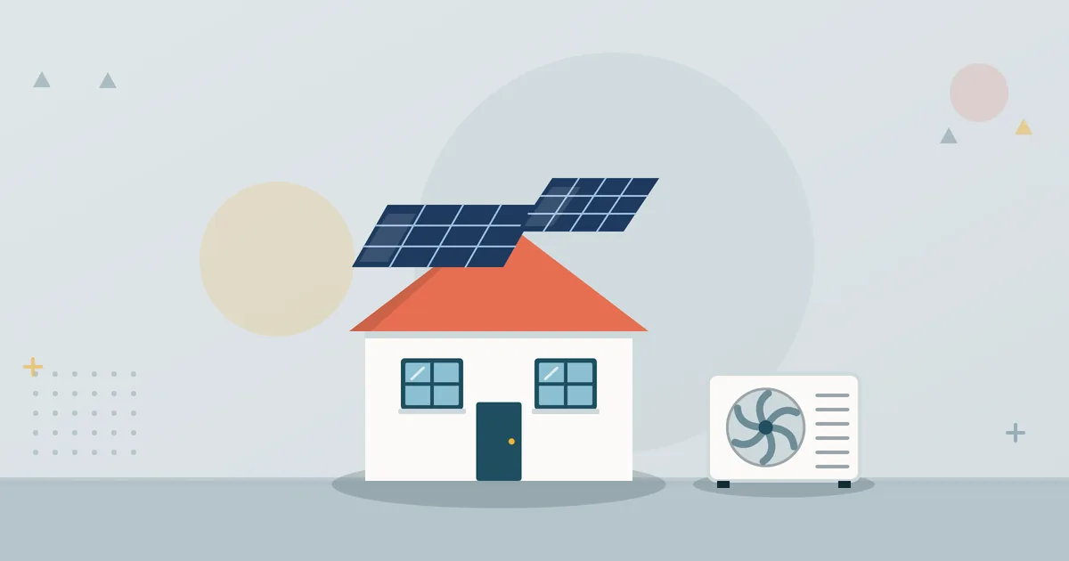 Illustration: Haus mit Solarmodulen auf dem Dach und Wärmepumpe daneben – Wärmepumpen und Photovoltaik, ZMD Innenausbau